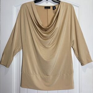 New York & Company Cowl Neck Blouse Women Medium Gold Tan Stretch Dolman Sleeve
